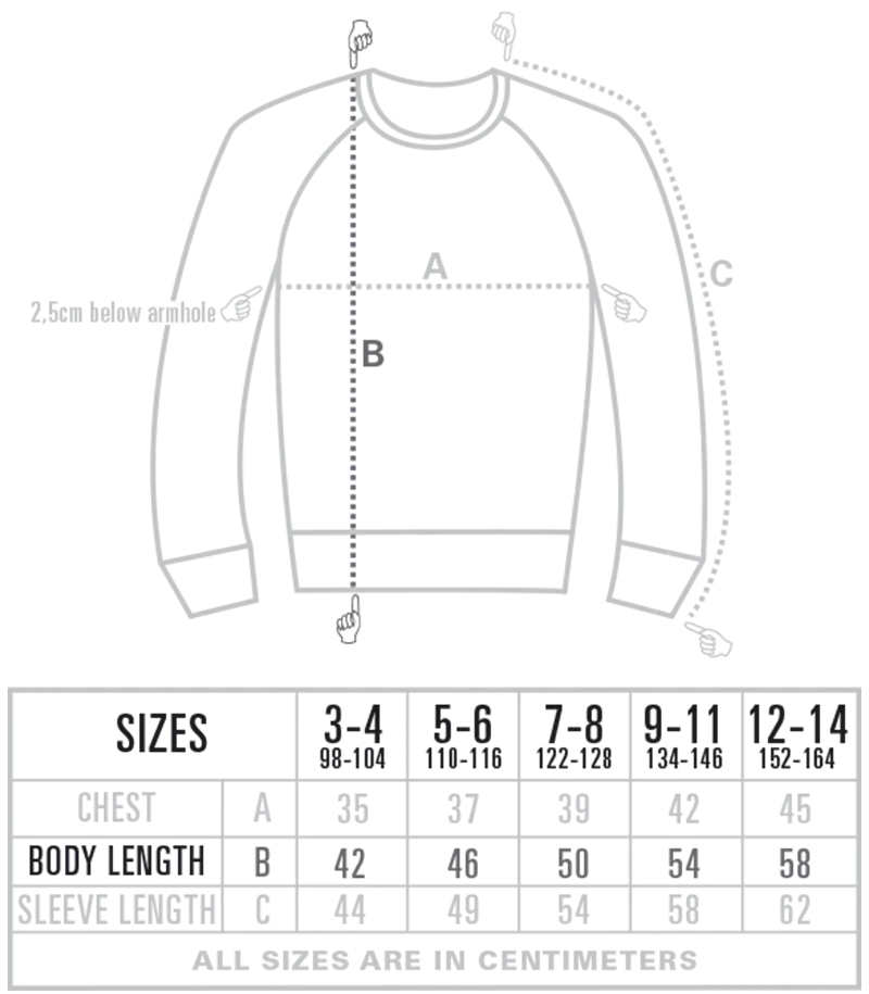 Kids raglan sweater size chart
