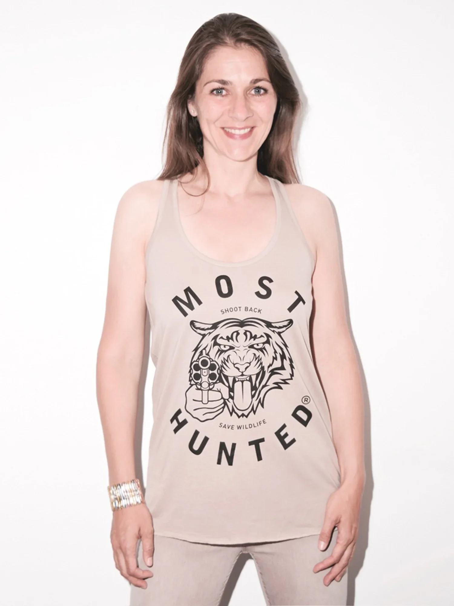 dames tijger tanktop beige