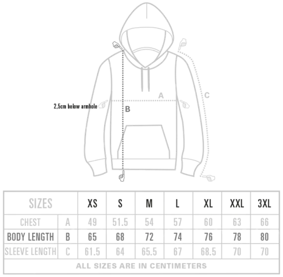 maattabel hoodie dessin