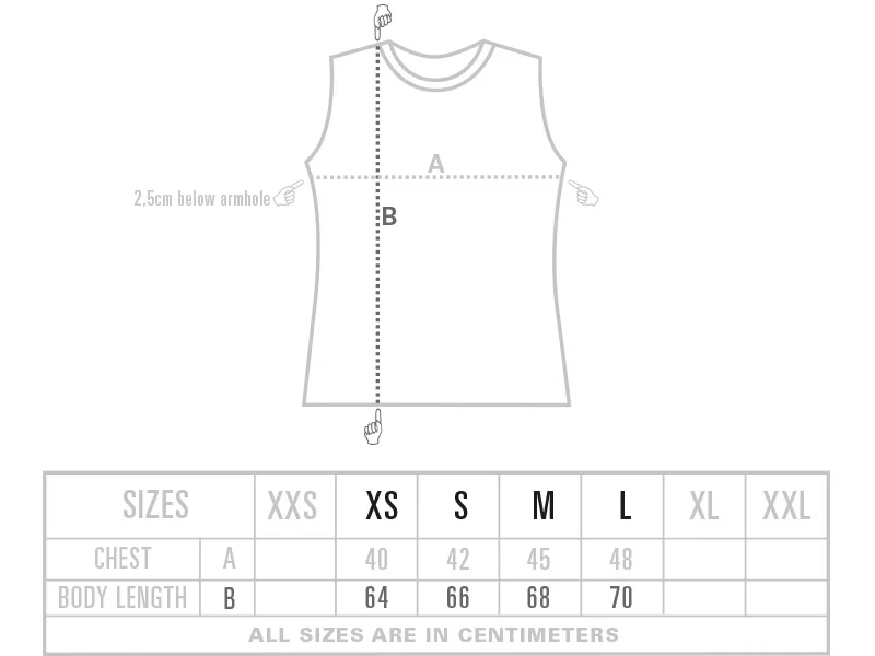 Size chart women's tiger glow sleeveless t-shirt