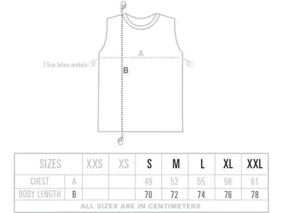 Men's White Tiger Sleeveless T-shirt Size Chart