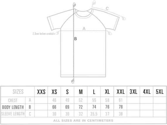 maattabel raglan t-shirt unisex