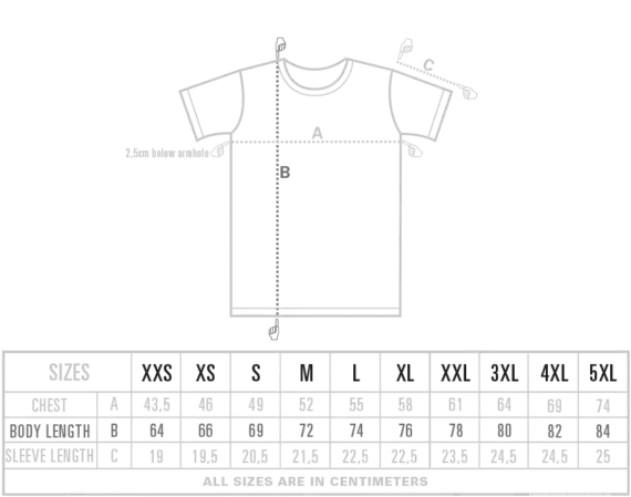 unisex maattabel t-shirt