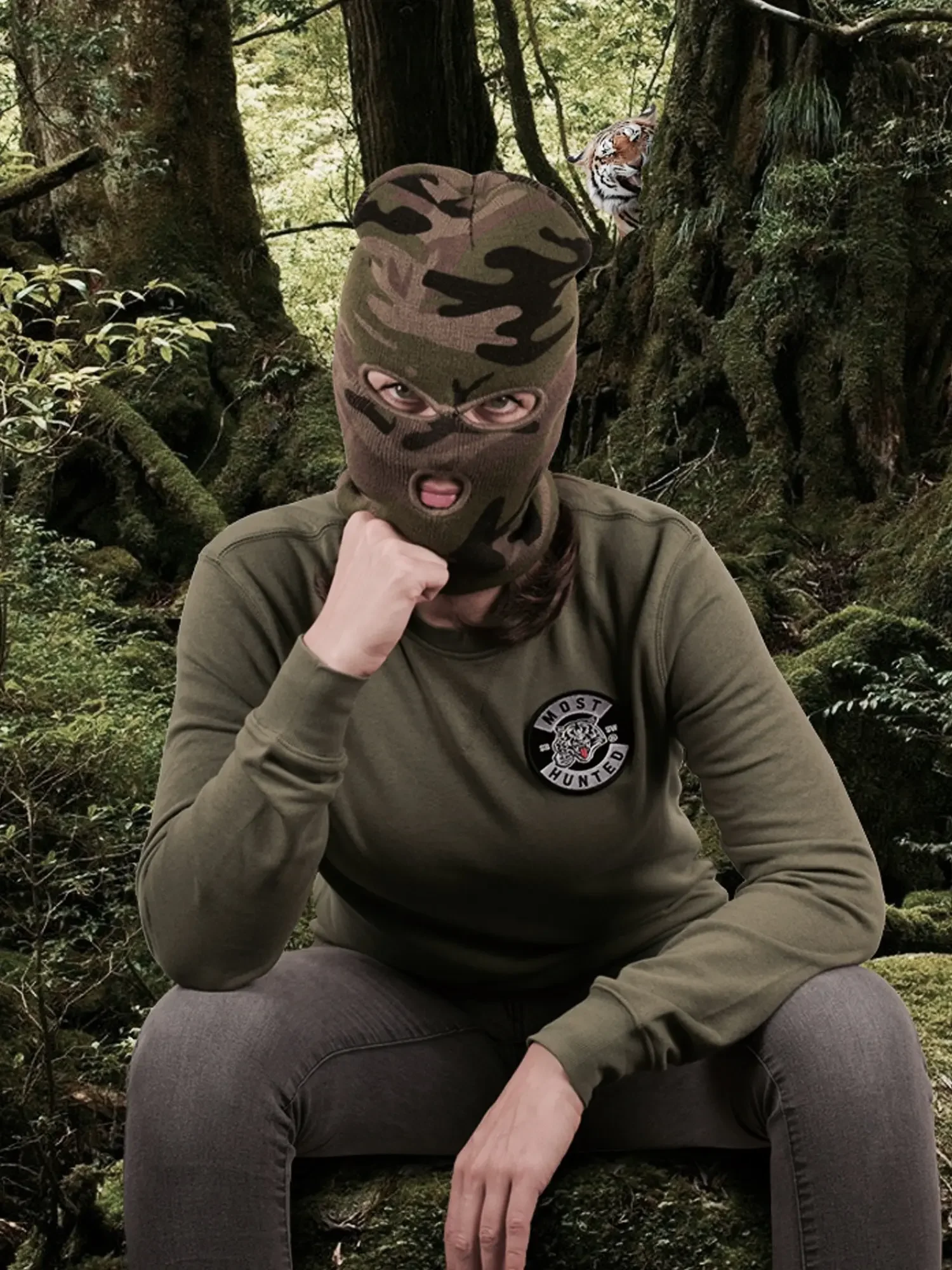 unisex tijger patch sweater legergroen