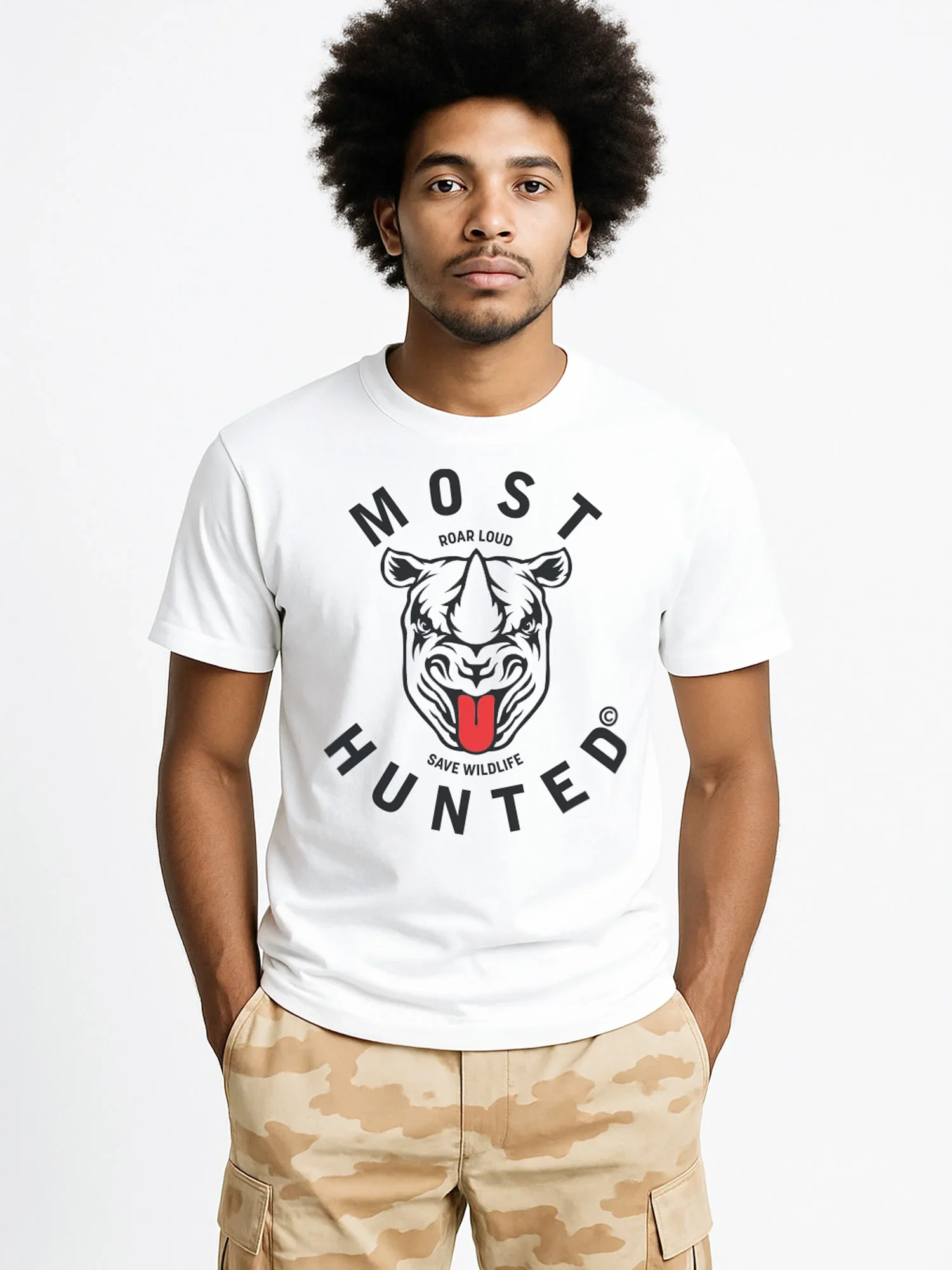 Heren T-shirt wit met grafische neushoorn print op de borst – MOST HUNTED