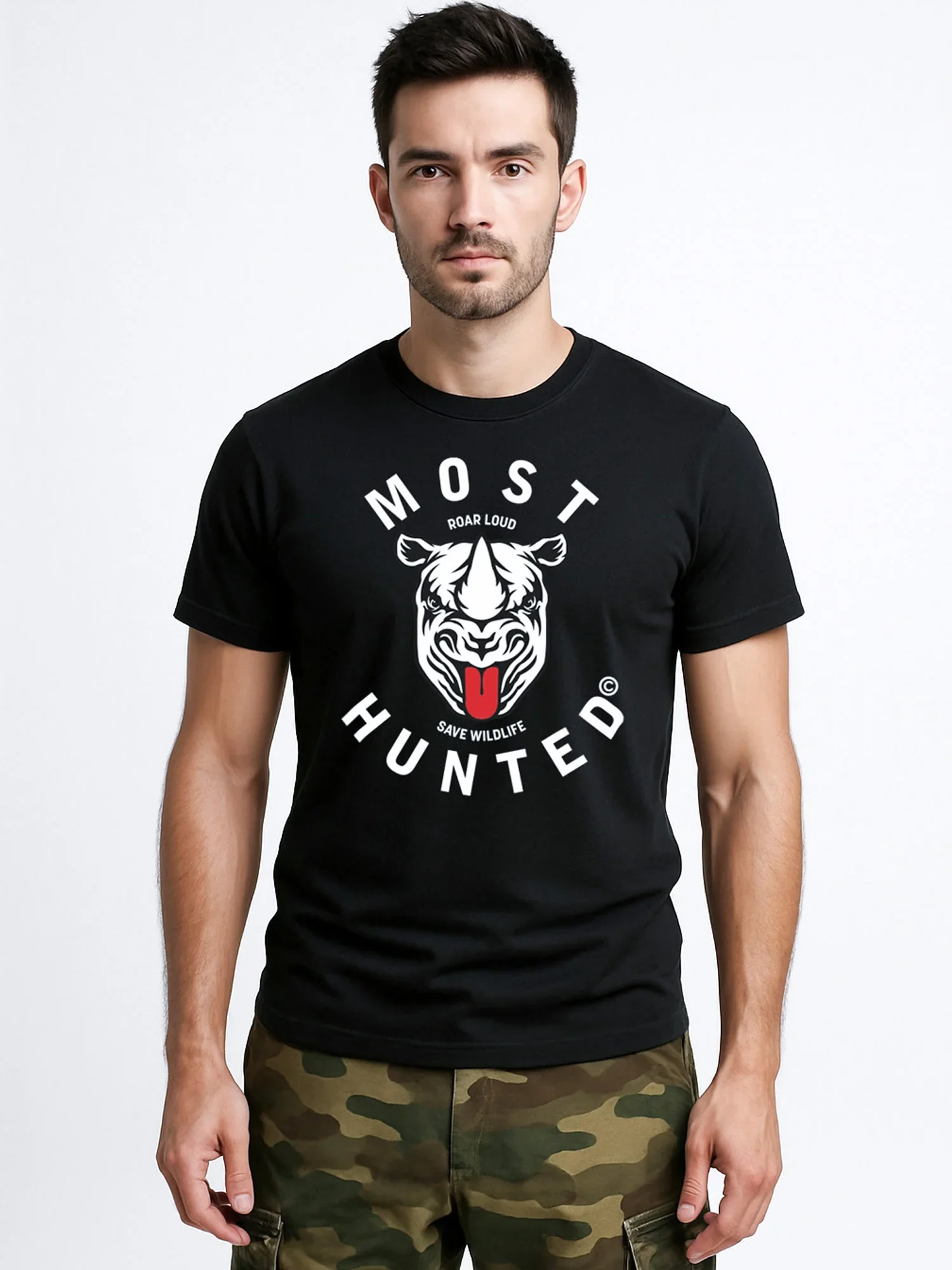 Heren T-shirt zwart met grafische neushoorn print op de borst – MOST HUNTED