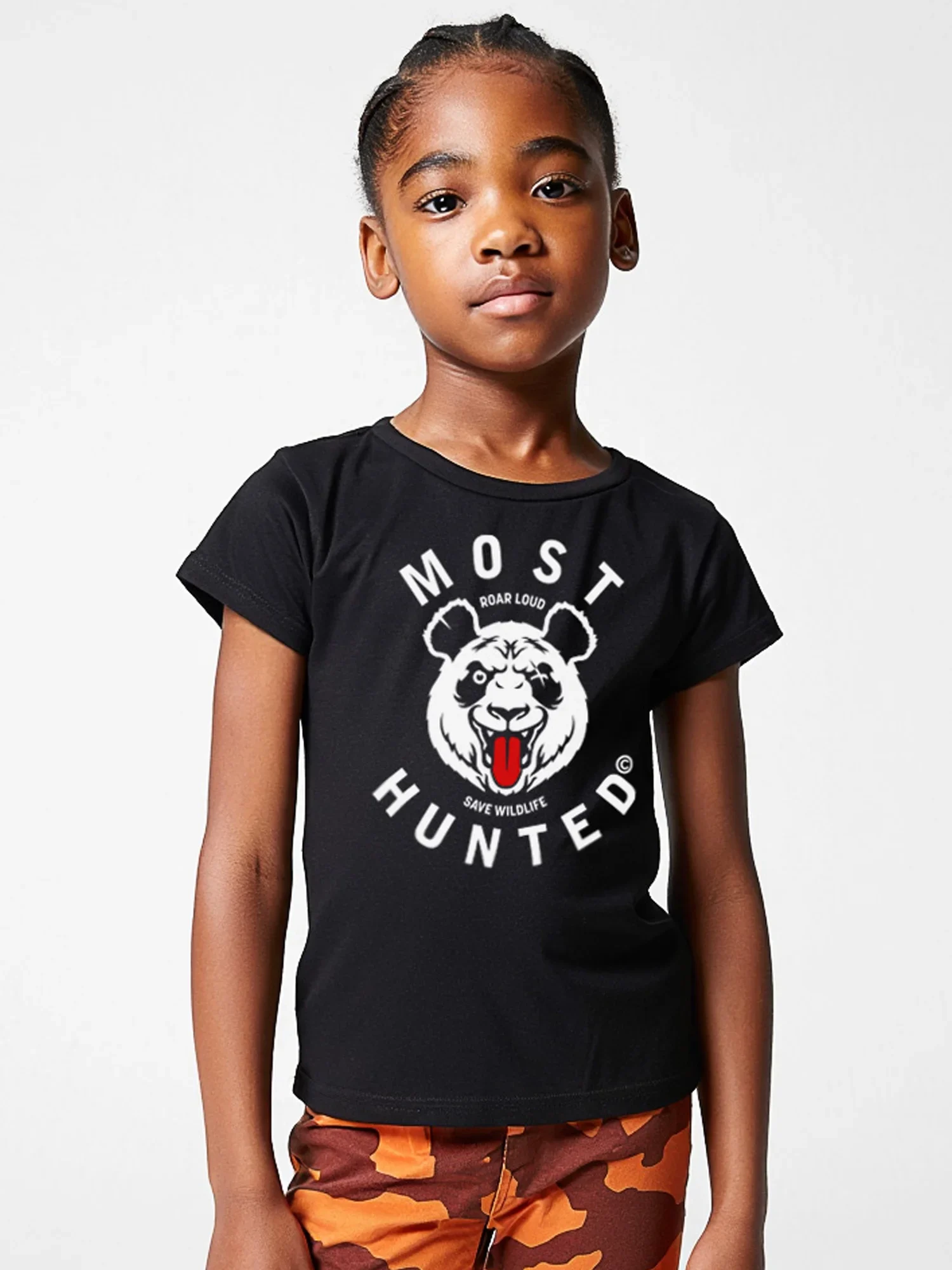 Meisjes T-shirt zwart met grafische panda print op de borst – MOST HUNTED