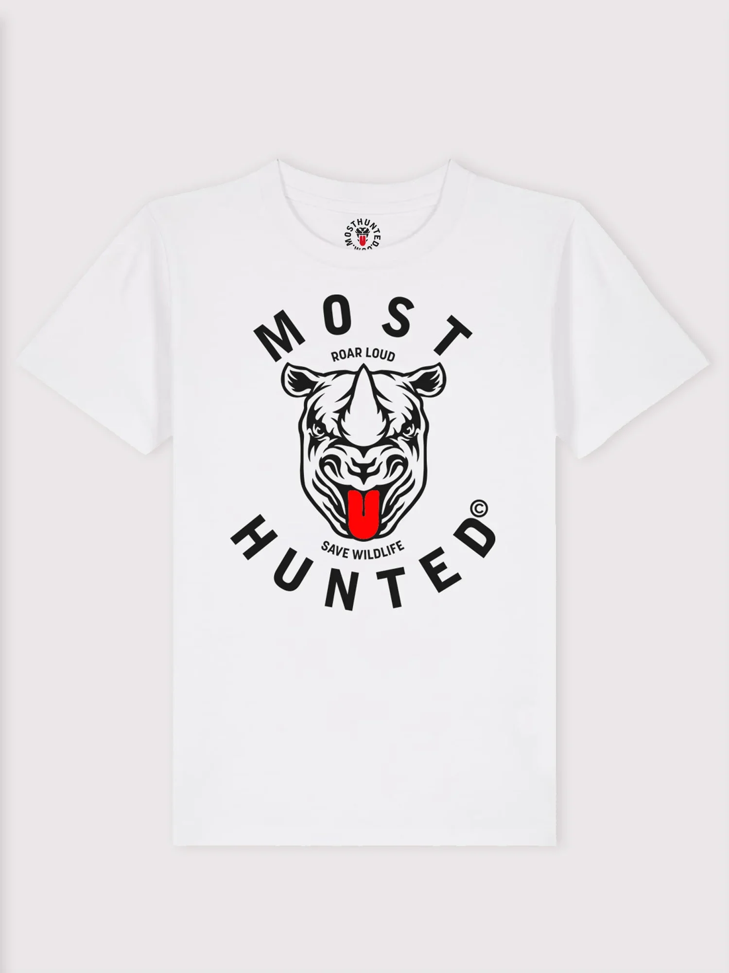 Wit t-shirt voor kinderen met zwarte en rode neushoorn print – MOST HUNTED