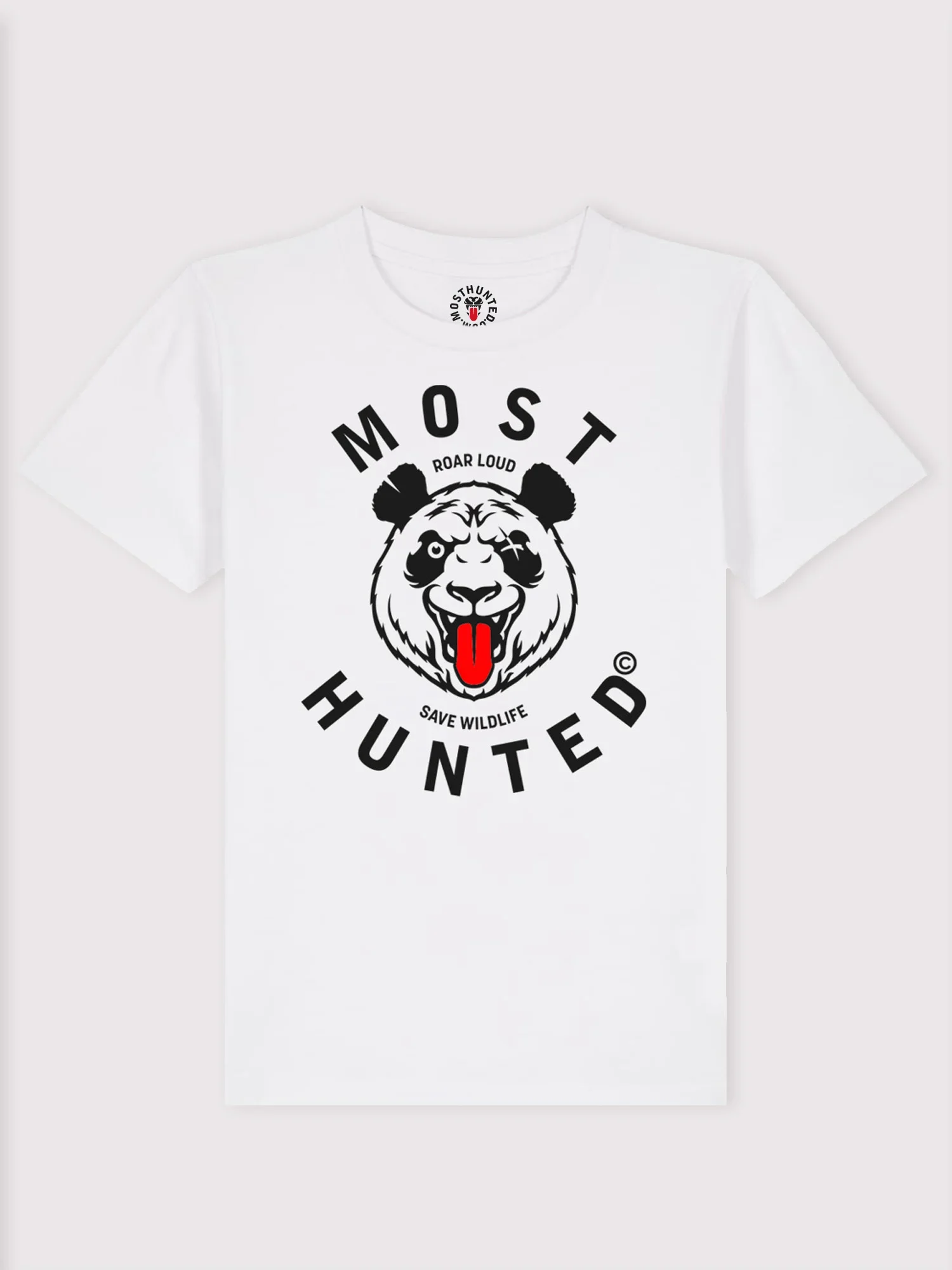 Wit t-shirt voor kinderen met zwarte en rode panda print – MOST HUNTED