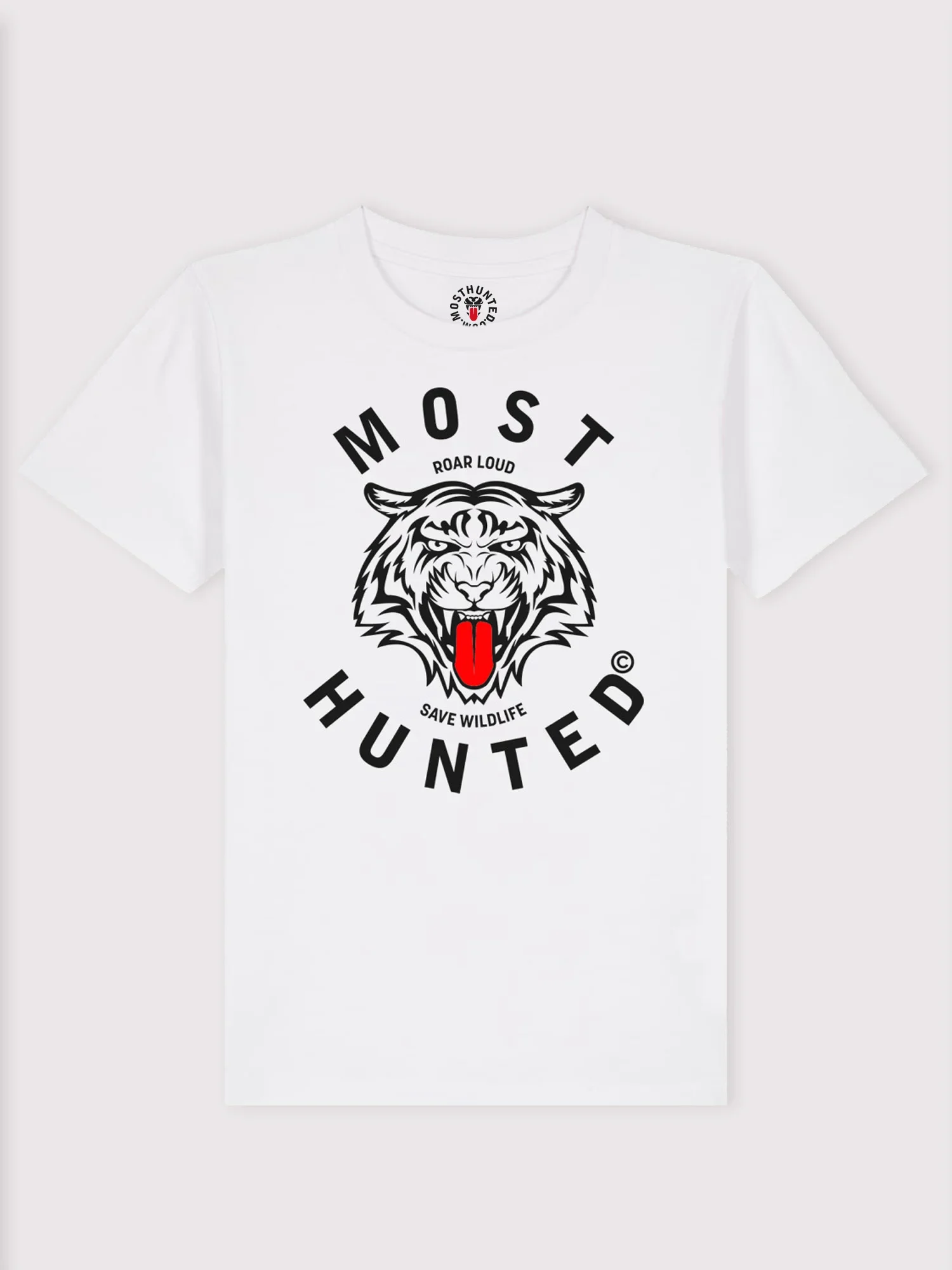 Wit t-shirt voor kinderen met zwarte en rode tijgerprint – MOST HUNTED