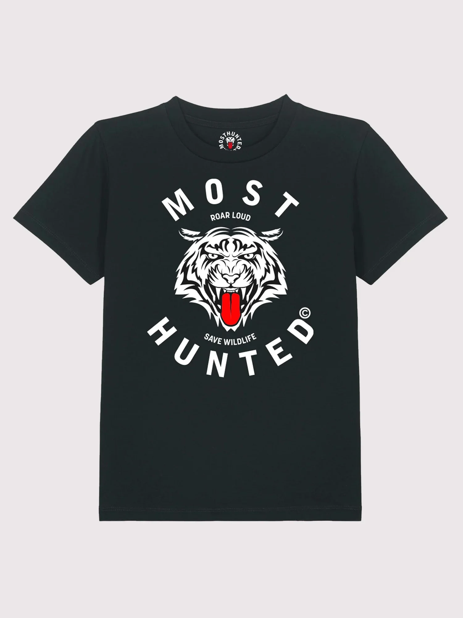 zwart t-shirt voor kinderen met witte en rode tijgerprint – MOST HUNTED