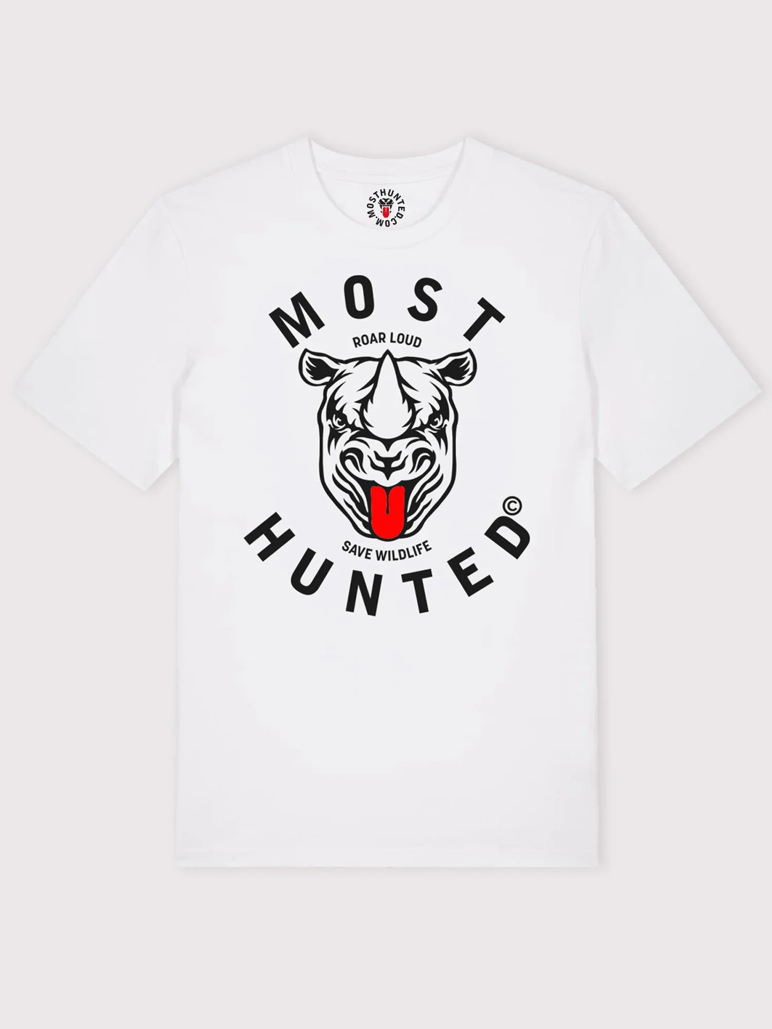 unisex wit t-shirt met grafische neushoorn print op borst – MOST HUNTED