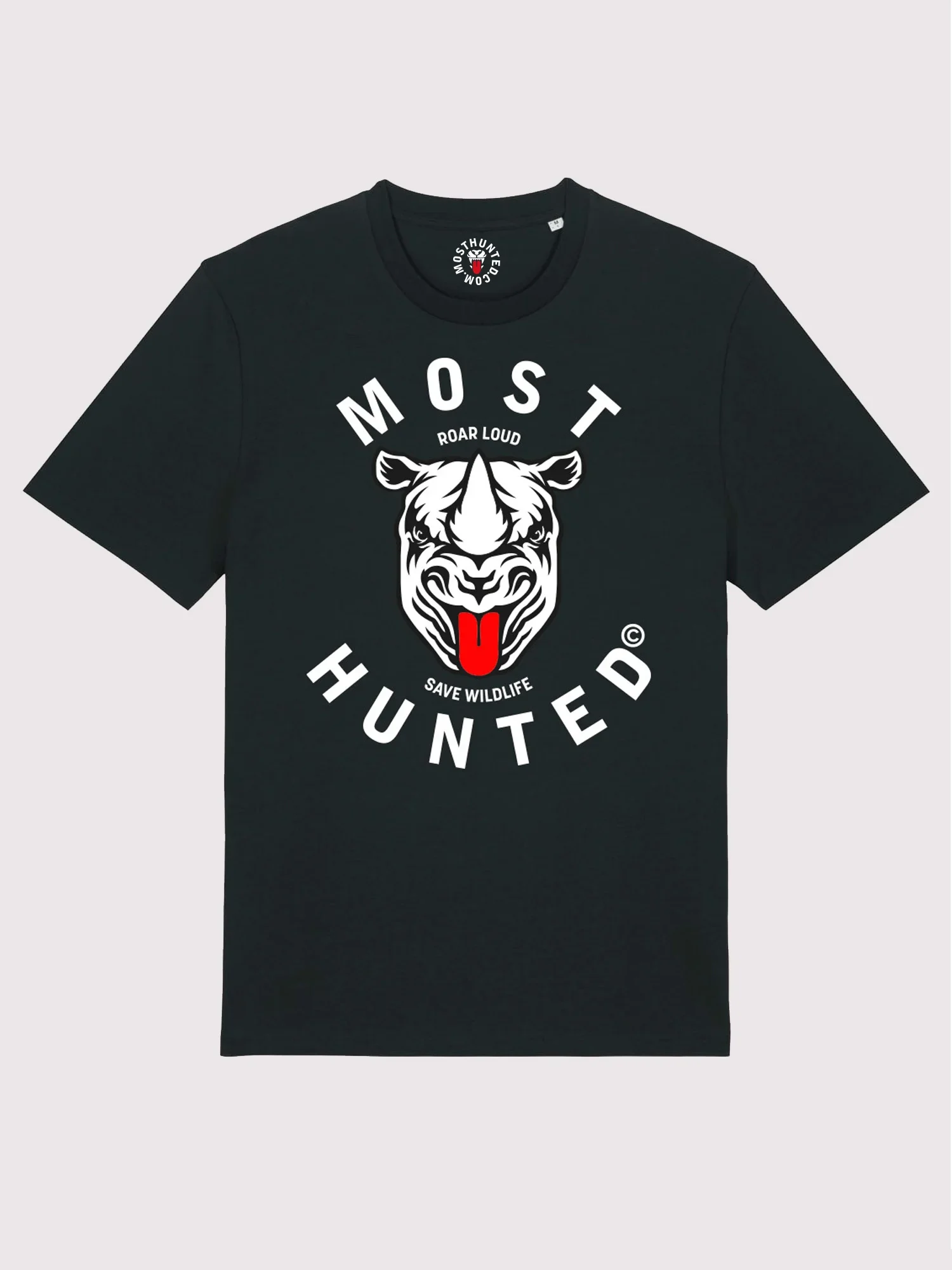 unisex zwart t-shirt met grafische neushoorn print op borst – MOST HUNTED