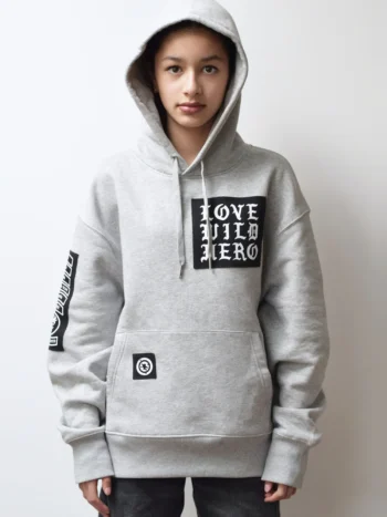 Most Hunted patch hoodie grey front view on model
